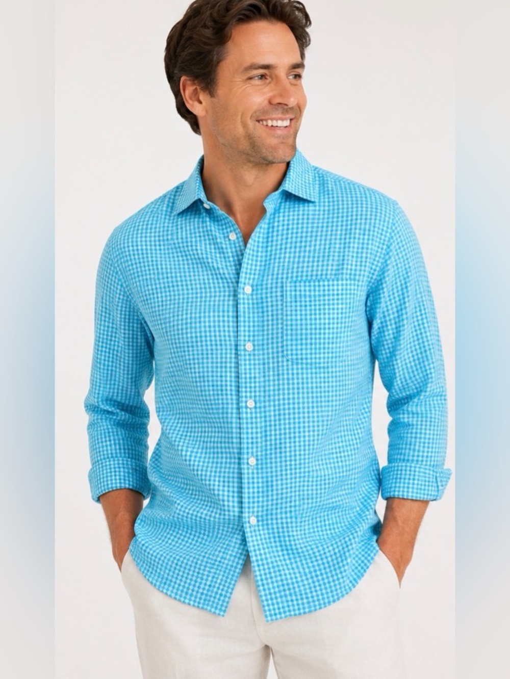Alan Flusser Linen Cotton Gingham Button Down Shirt Blue White Size Large Preppy
